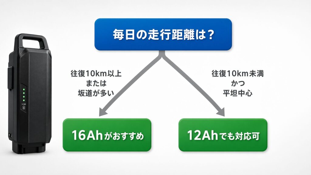 電動自転車のバッテリー容量12Ahと16Ahで迷ったときの判断チャート。毎日の走行距離を起点に、往復10km以上や坂道が多い場合は16Ahがおすすめ、往復10km未満かつ平坦中心なら12Ahでも対応可という2方向のフローで分岐を示している。