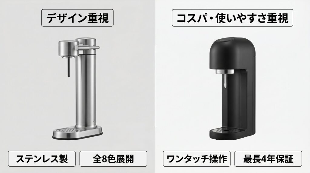 アールケとソーダストリームのどちらを選ぶべきかを示す結論インフォグラフィック。左側にデザイン重視のステンレス製炭酸水メーカー、右側にコスパと使いやすさ重視のプラスチック製炭酸水メーカーが対比して配置されている。