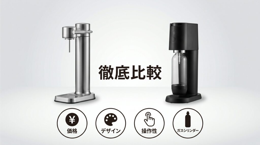 アールケとソーダストリームを徹底比較するインフォグラフィック。ステンレス製とプラスチック製の炭酸水メーカーが並び、価格・デザイン・操作性・ガスシリンダーの4つの比較項目がアイコン付きで表示されている。