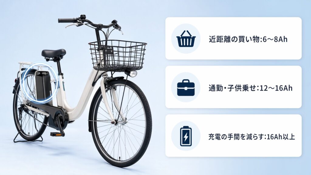 電動自転車のバッテリー容量おすすめを用途別に解説するインフォグラフィック。電動アシスト自転車の製品画像とともに、近距離の買い物向け6〜8Ah、通勤や子供乗せ向け12〜16Ah、充電頻度削減向け16Ah以上の3つの用途別おすすめ容量を図示している。