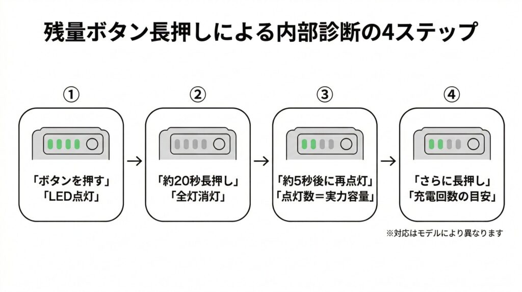 電動アシスト自転車バッテリーの寿命確認方法として残量ボタンを長押しする内部診断の4ステップをLEDランプの点灯状態とともに示したステップ図