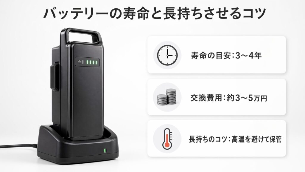 電動自転車のバッテリー寿命と長持ちさせるコツを解説するインフォグラフィック。バッテリーと充電器の製品画像とともに、寿命の目安3〜4年、交換費用の相場約3〜5万円、高温を避けた保管という長持ちのコツの3つの要点をカードパネルで図示している。