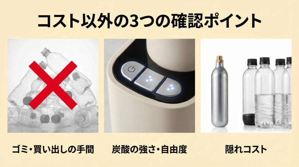 コスト以外に確認しておくべきポイントを3つに分けて示したインフォグラフィック。ゴミと買い出しの手間、炭酸の強さと自由度、ガスシリンダーやボトル交換などの隠れコストをアイコンと製品画像で視覚的に整理した図