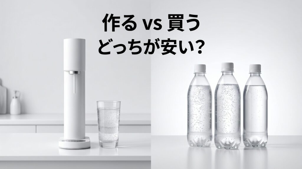 炭酸水は作るのと買うのどっちが安いかを比較するアイキャッチ画像。キッチンカウンター上の炭酸水メーカーとグラスに注がれた炭酸水、ペットボトル数本を左右に配置し、中央に「作る vs 買う どっちが安い？」のテキストを表示した比較構図