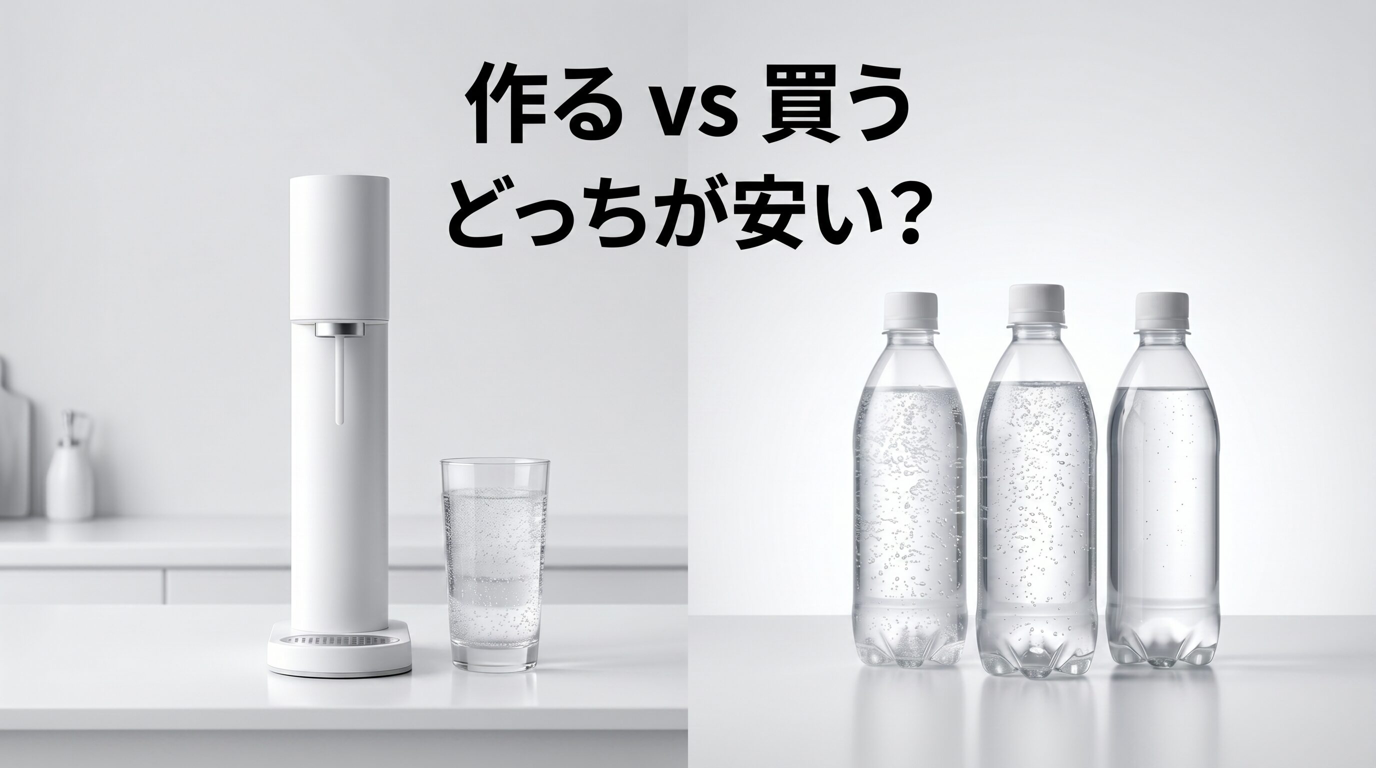 炭酸水は作るのと買うのどっちが安いかを比較するアイキャッチ画像。キッチンカウンター上の炭酸水メーカーとグラスに注がれた炭酸水、ペットボトル数本を左右に配置し、中央に「作る vs 買う どっちが安い？」のテキストを表示した比較構図