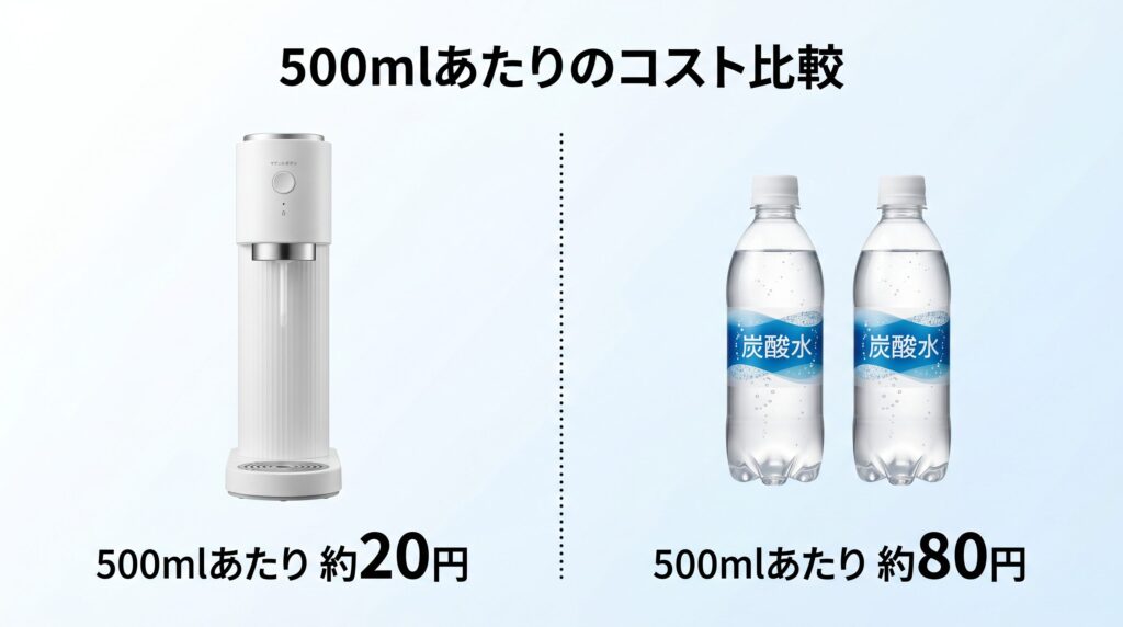 炭酸水は作るのと買うのどっちが安いかを500mlあたりの単価で比較したインフォグラフィック。左に炭酸水メーカーと約20円の表示、右にペットボトルと約80円の表示を配置し、コスト差を視覚的に示した図