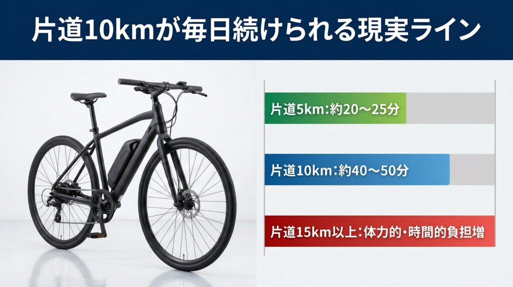 電動自転車での通勤は何キロまで可能かを解説するインフォグラフィック。片道5km・10km・15kmの所要時間と快適度を横棒グラフで比較し、片道10kmが現実的な目安であることを視覚的に示した構成