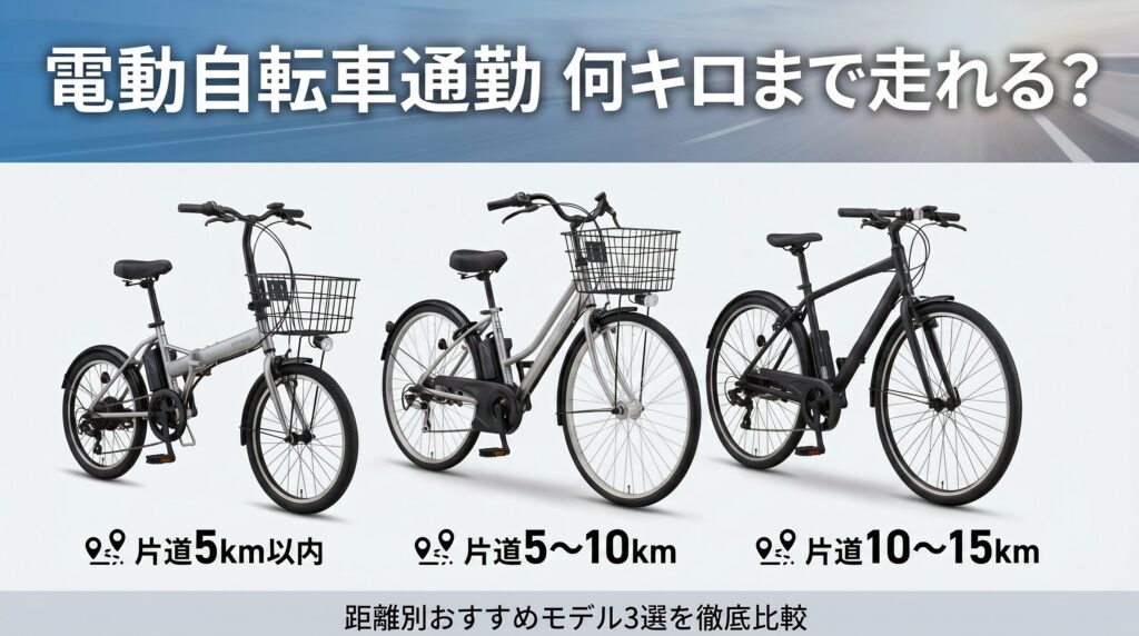 電動自転車での通勤は何キロまで可能かを示すインフォグラフィック。片道5km以内向けの折りたたみ型、5〜10km向けのシティサイクル型、10〜15km向けのクロスバイク型の3台を距離帯別に並べた構成