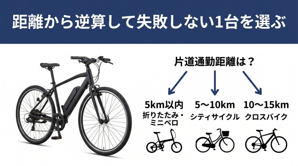 通勤距離から逆算する電動自転車の選び方を示すインフォグラフィック。片道距離に応じた車種タイプとバッテリー容量のフローチャート、電車通勤との年間コスト比較を電動クロスバイクの製品画像とともに図解した構成