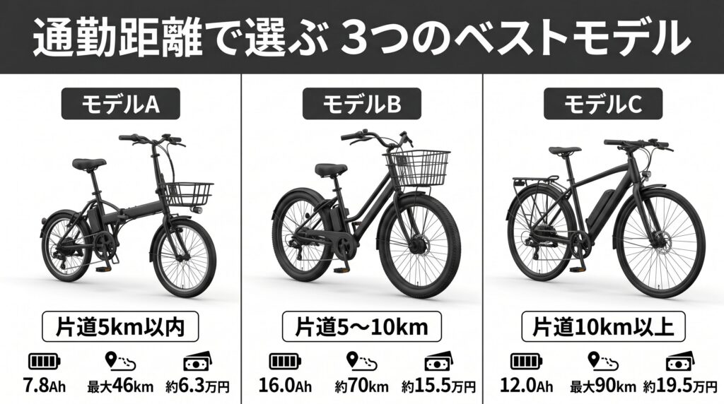通勤距離別におすすめの電動自転車3選を比較したインフォグラフィック。片道5km以内向け折りたたみ型、5〜10km向けシティサイクル型、10〜15km向けクロスバイク型の製品画像とバッテリー容量・航続距離・価格を並列表示した構成