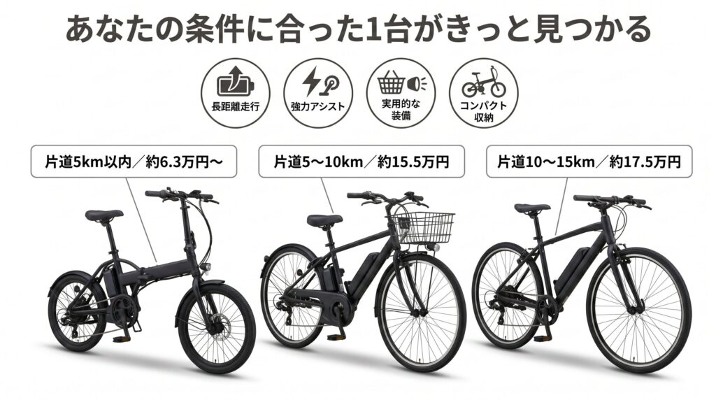 電動自転車での通勤が何キロまで可能かの条件をまとめたインフォグラフィック。通勤距離・予算・車種タイプ・バッテリー容量の4要素をアイコンで示し、距離帯別に3台の電動自転車と価格帯を扇状に配置した構成