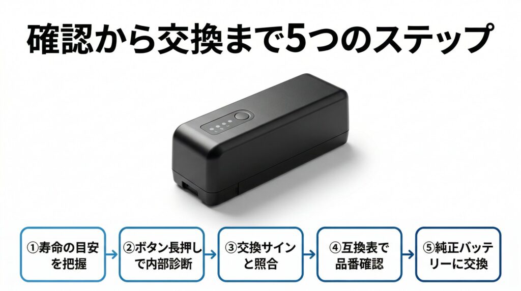 電動アシスト自転車バッテリーの寿命把握から内部診断、交換サイン照合、適合確認、純正品交換までの5ステップの流れを示した確認方法から交換までのまとめインフォグラフィック
