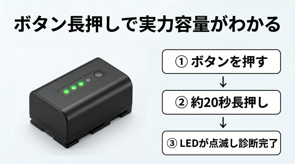 電動アシスト自転車バッテリーの残量ボタン長押しによる内部診断の手順と、ランプ点灯数に対応する実力容量の目安を示した寿命確認方法の製品解説インフォグラフィック
