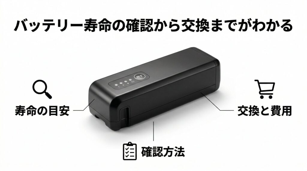 電動アシスト自転車用リチウムイオンバッテリーの製品画像を中心に、寿命の目安、確認方法、交換と費用の3テーマを示すアイコンを配置した記事全体の概要を示すインフォグラフィック