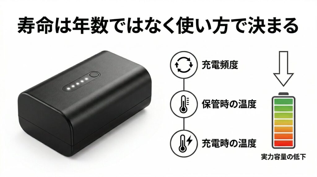 電動アシスト自転車のバッテリー寿命に影響する充電頻度、保管時の温度、充電時の温度の3要因と、使用頻度別の寿命目安を対比的に示した製品解説インフォグラフィック