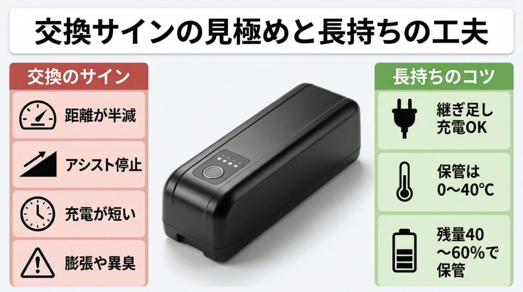 電動アシスト自転車とバッテリーの画像を中心に、交換を検討すべき4つのサインと充電や保管で寿命を延ばすコツを左右に対比配置した製品解説インフォグラフィック