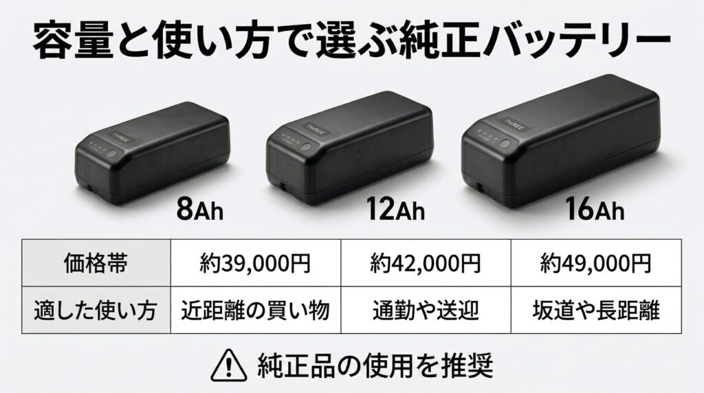 8Ah、12Ah、16Ahの3種類の電動アシスト自転車用純正交換バッテリーを横並びで比較し、各容量の価格帯と適した使い方を示した交換用バッテリーの選び方と費用の製品解説インフォグラフィック