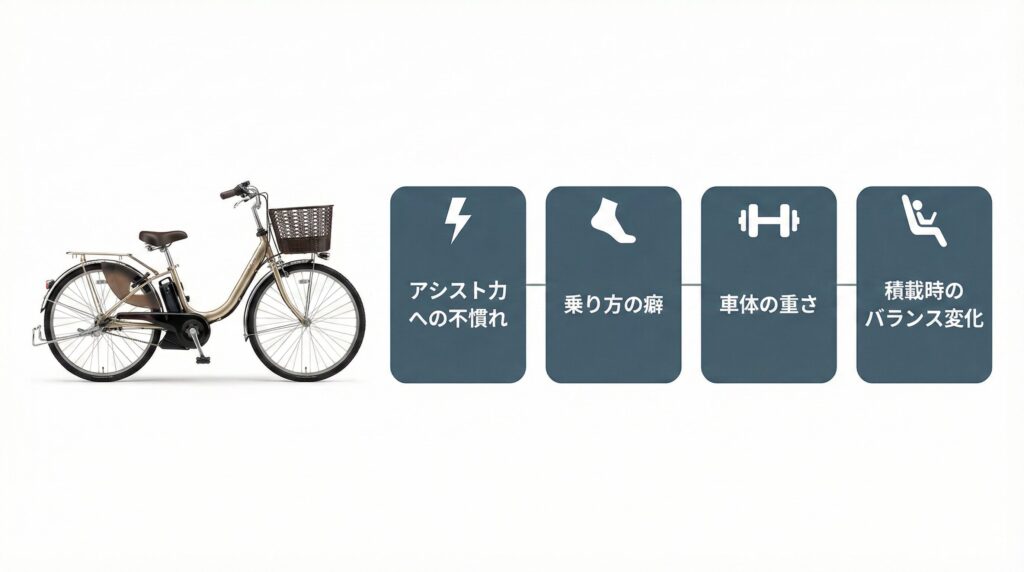 電動自転車の漕ぎ出しが怖いと感じる4つの原因（アシスト力への不慣れ・乗り方の癖・車体の重さ・積載時のバランス変化）を電動自転車のイラストと角丸カード4枚で図解した情報グラフィック