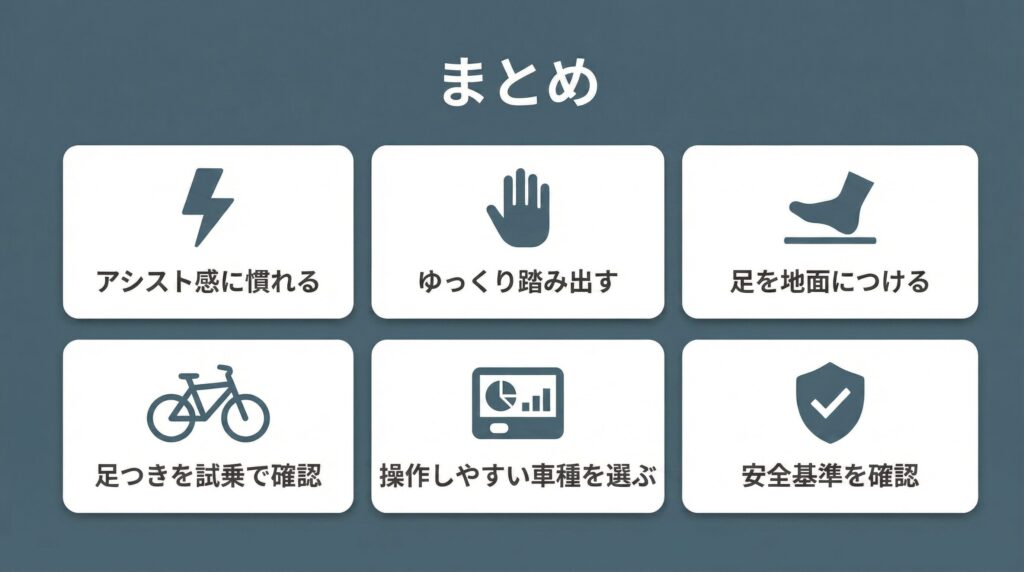 電動自転車の漕ぎ出しが怖い人へのまとめとしてアシスト感への慣れ・ゆっくり踏み出す・足を地面につける・足つきの試乗確認・操作しやすい車種選び・安全基準確認の6項目をカード形式で整理した総括グラフィック