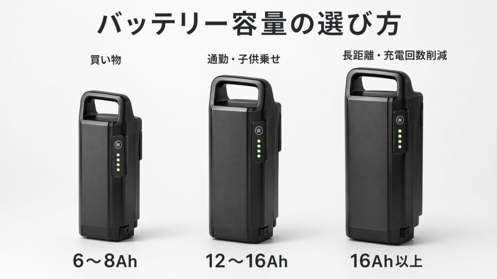 電動自転車のバッテリー容量おすすめを用途別に示したインフォグラフィック。6〜8Ah、12〜16Ah、16Ah以上の3つのバッテリーを並べ、買い物・通勤通学・長距離といった用途別の選び方の目安を視覚的に解説している。