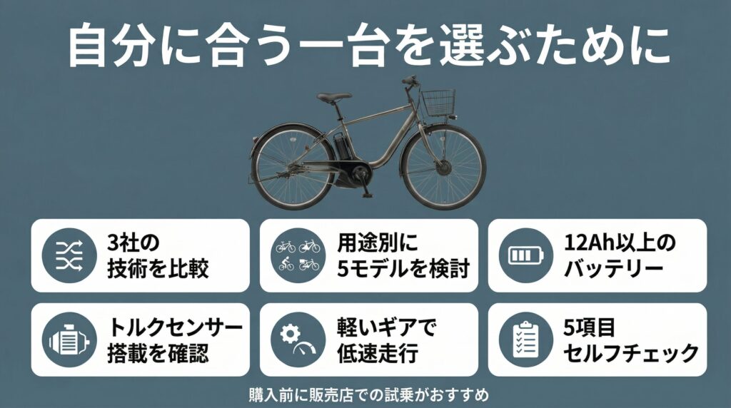 坂道に強い電動自転車の選び方とおすすめモデルのまとめインフォグラフィック。メーカー3社比較・用途別5モデル・バッテリー容量・トルクセンサー・走行のコツ・セルフチェックの6要点を製品画像とグリッドレイアウトで総括