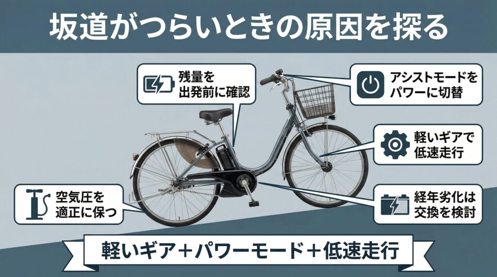電動自転車で坂道がしんどいときの原因と対策を製品画像の各部位から引き出し線で解説するインフォグラフィック。空気圧・バッテリー残量・アシストモード・ギア設定・バッテリー劣化の5項目を視覚的にチェックリスト化