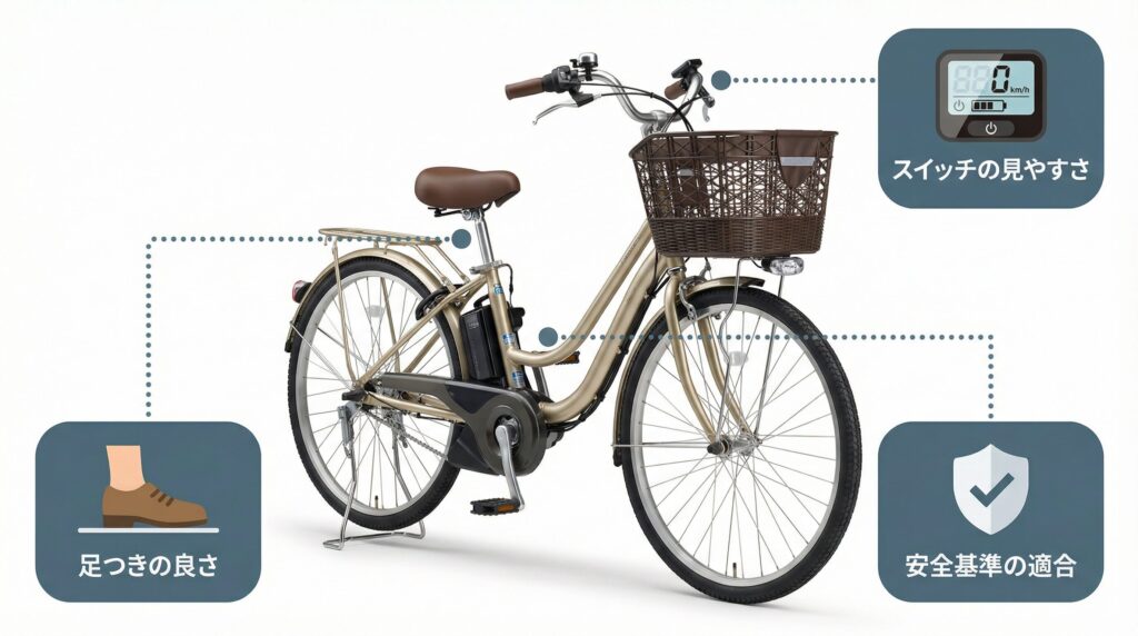電動自転車の漕ぎ出しが怖くなりにくい車種の選び方として足つきの良さ・スイッチの見やすさ・安全基準の適合の3つのチェックポイントを製品画像とラベルで図解した情報グラフィック