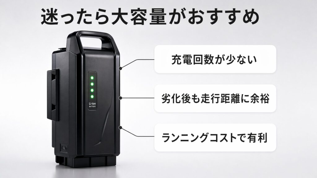 電動自転車のバッテリー容量は大容量モデルがおすすめであることを示すまとめインフォグラフィック。大容量バッテリーの製品画像を中心に、充電回数の少なさ、劣化後の走行距離の余裕、ランニングコスト面での有利さという3つのメリットを吹き出しで図示している。
