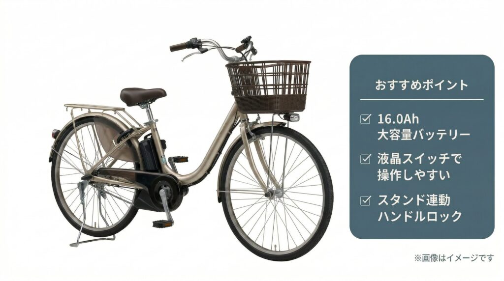 初心者の不安を減らせるおすすめ電動自転車モデルとしてシャンパンゴールドのママチャリ型電動自転車を大きく配置し、大容量バッテリー・液晶スイッチ・スタンド連動ハンドルロックの特徴をカードで紹介した製品紹介画像
