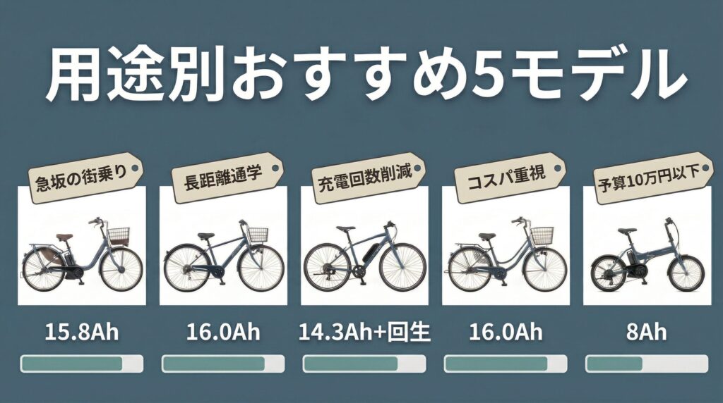 坂道に強いおすすめ電動自転車5モデルを用途別に紹介するインフォグラフィック。急坂の街乗り・長距離通学・充電回数削減・コスパ重視・予算10万円以下の5用途に対応する製品画像とバッテリー容量をバーチャートで比較