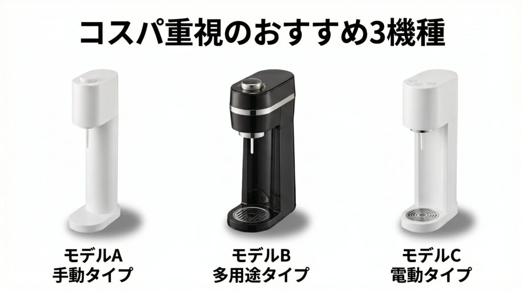 コスパ重視で選ぶおすすめ炭酸水メーカー3機種を並べたインフォグラフィック。手動タイプ、多用途タイプ、電動タイプの3台の製品画像を横並びに配置し、それぞれのタイプ名を添えた比較構図
