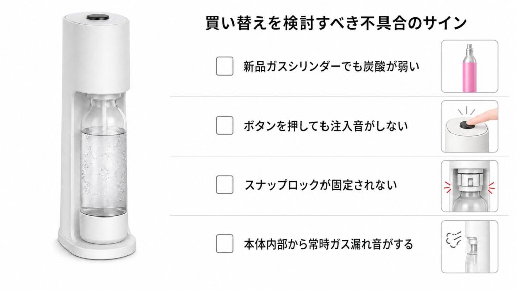 ソーダストリーム本体の買い替えを検討すべき4つの不具合サインをチェックリスト形式で示した図解。炭酸の弱さ、注入音の有無、スナップロックの固定、ガス漏れ音の4項目を整理