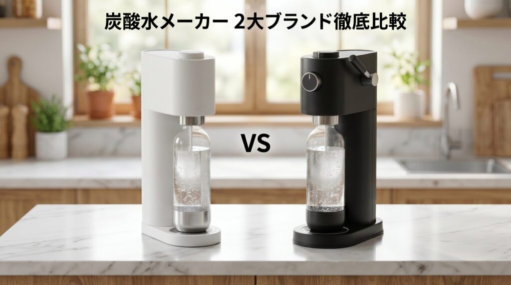 ドリンクメイトとソーダストリームの炭酸水メーカー2台をキッチンカウンター上に左右に並べて比較した製品イメージ。白いスリムな本体と黒いダイヤル付き本体が対比的に配置されている。