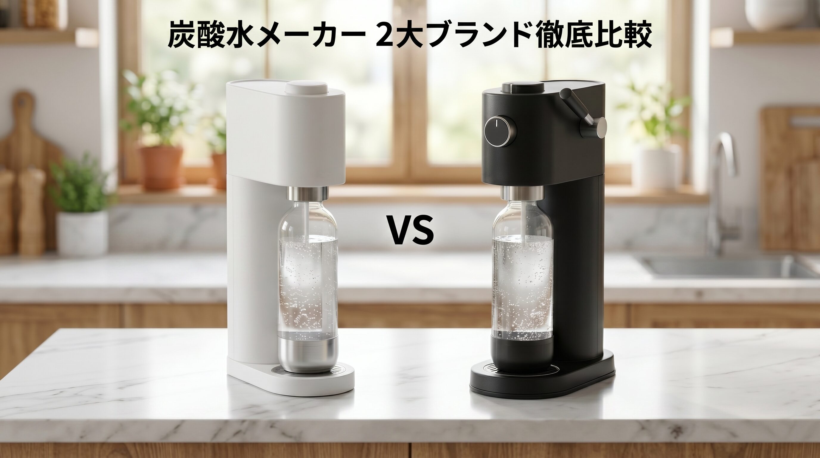 ドリンクメイトとソーダストリームの炭酸水メーカー2台をキッチンカウンター上に左右に並べて比較した製品イメージ。白いスリムな本体と黒いダイヤル付き本体が対比的に配置されている。