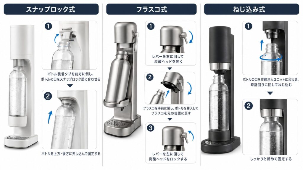 ソーダストリームのボトルを正しく装着し直す手順を示すステップ図。スナップロック式・フラスコ式・ボトルねじ込み式の3方式を縦3列で並べ、各方式3ステップの手順をイラストで視覚化したインフォグラフィック