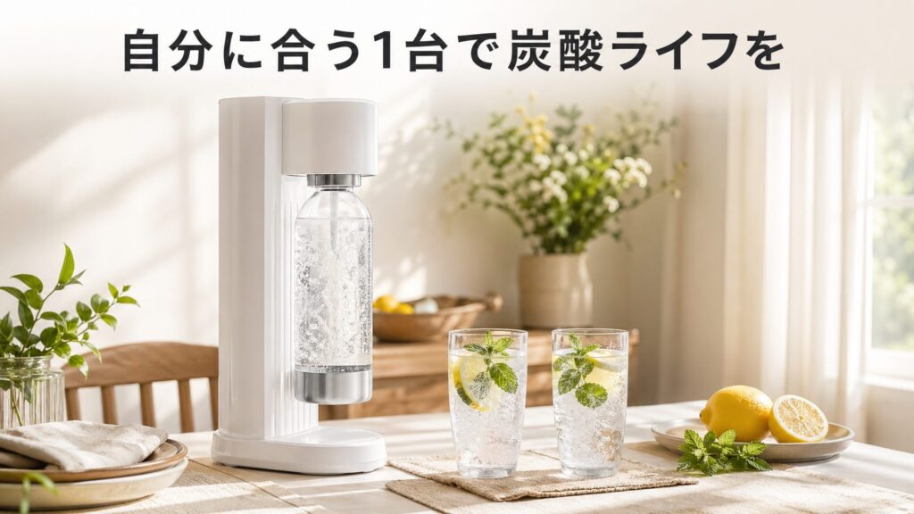 ソーダストリームの手動モデルとレモンミント入り炭酸水のグラスを並べ、自分に合う1台で快適な炭酸ライフを楽しむ様子を表現したまとめ画像