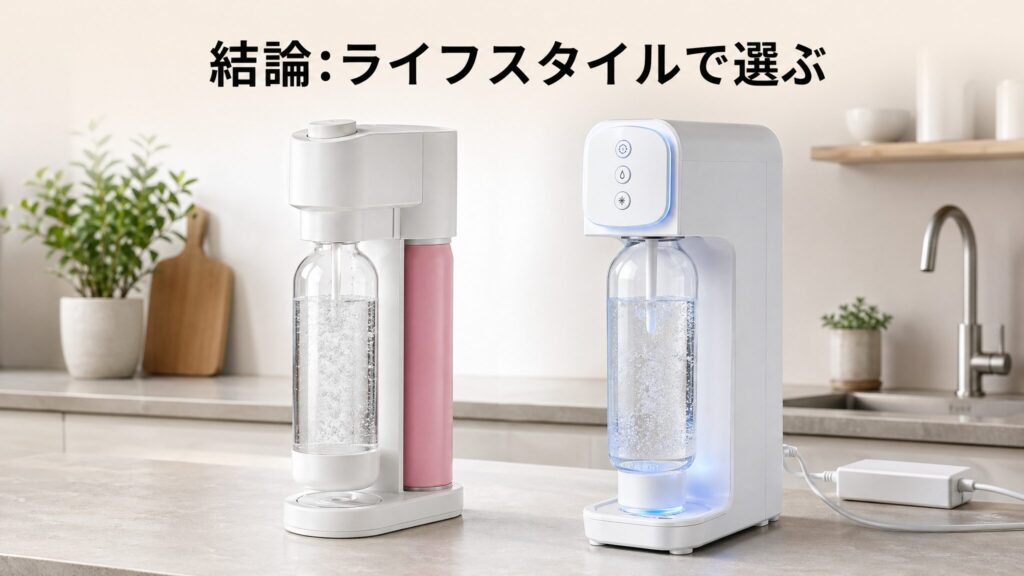 ソーダストリームは手動と電動どっちを選ぶべきかの結論を示すため、両モデルをライフスタイル別の判断軸とともに並べて紹介する画像