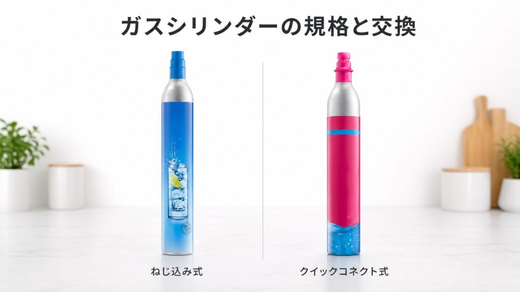 ソーダストリームのガスシリンダー2種類の違いを示すインフォグラフィック。ブルーのねじ込み式とピンクのクイックコネクト式ガスシリンダーを並べて比較したフォトリアリスティックな画像