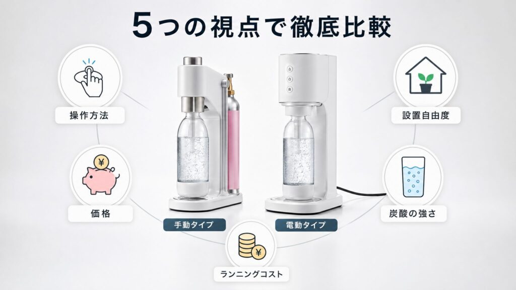 ソーダストリームの手動と電動の違いを操作・価格・設置・炭酸の強さ・ランニングコストの5つの視点で比較する解説インフォグラフィック画像