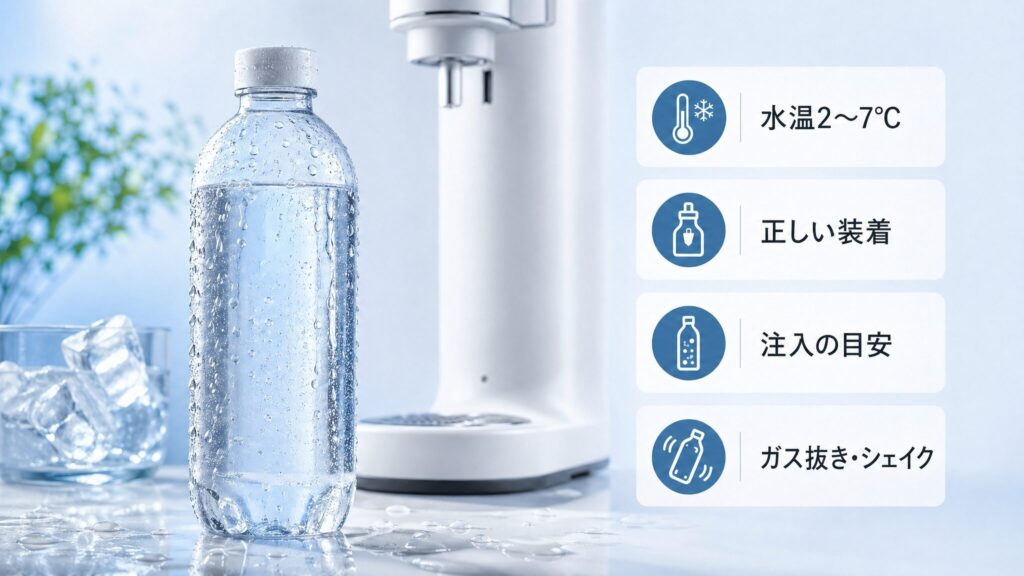 ソーダストリームの炭酸が弱いときに自宅で試せる改善策を示すインフォグラフィック。冷えたボトルと炭酸水メーカー本体、水温・装着・注入の目安・ガス抜きの4つの対処法を並べたフォトリアリスティックな画像