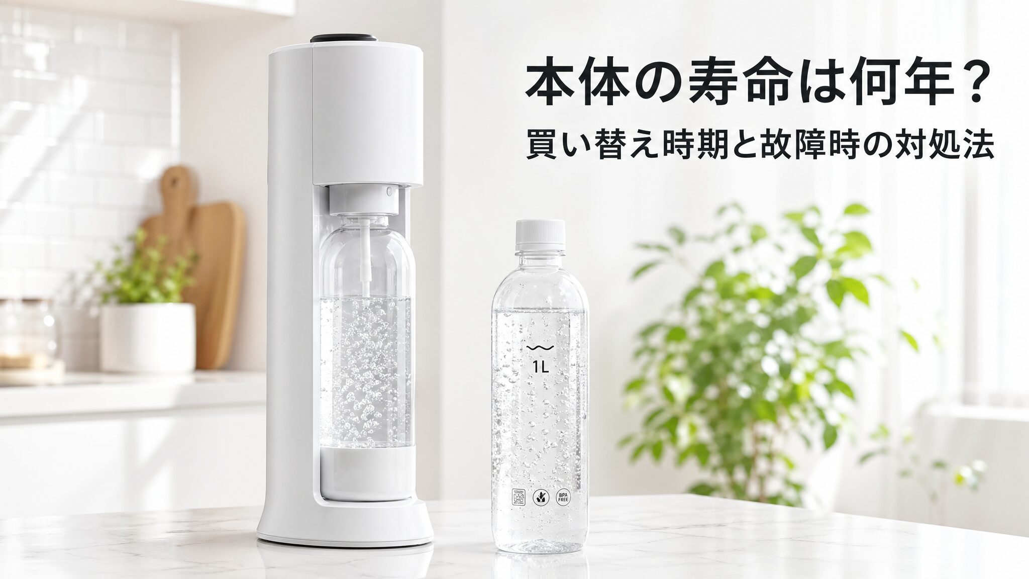 ソーダストリーム本体の寿命は何年なのか、買い替え時期と故障時の対処法を解説する記事のメインビジュアル。キッチンに置かれた縦長スリムな手動式炭酸水メーカーと炭酸水入りボトルを写したフォトリアリスティックな画像