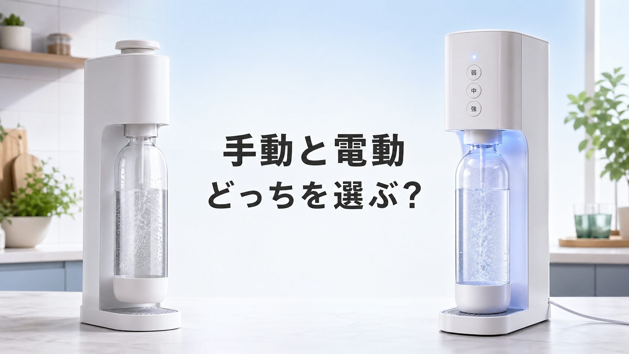 ソーダストリームの手動モデルと電動モデルを並べて比較し、どっちを選ぶべきか5つの視点で徹底比較する記事のヘッダー画像