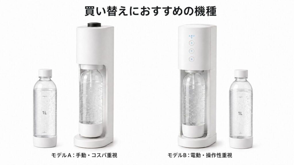 ソーダストリーム買い替えにおすすめの機種として、コスパ重視の手動式モデルと操作性重視の電動式モデルの2台を左右に並べて比較するフォトリアリスティックな製品紹介インフォグラフィック