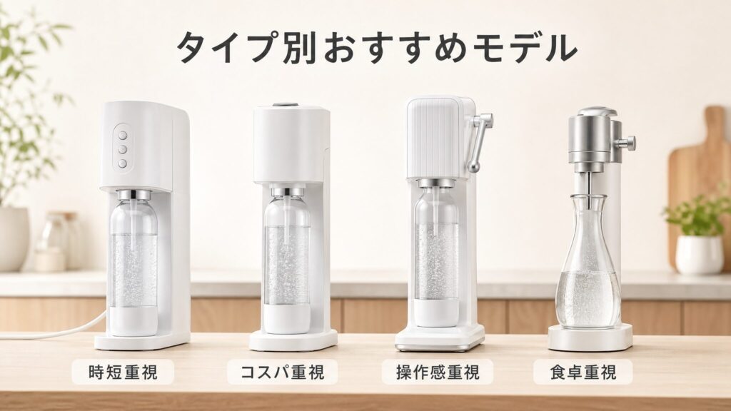 ソーダストリームの主要4モデルを電動・ボタン式手動・レバー式手動・フラスコ式手動の順に並べ、タイプ別のおすすめを紹介する画像