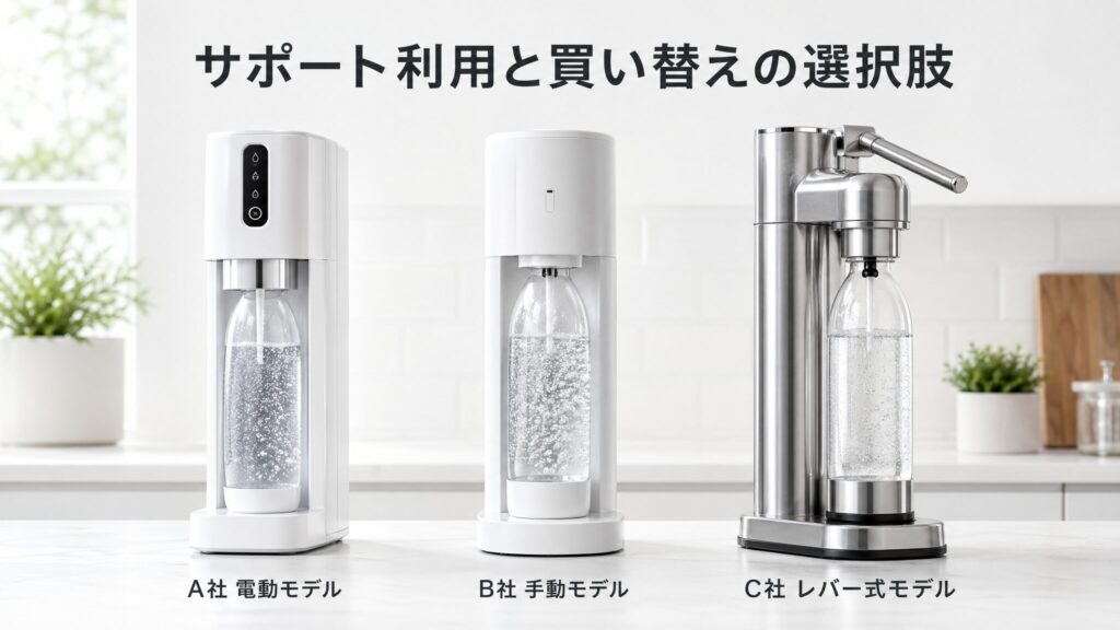 ソーダストリームの改善しない場合のサポート利用と買い替え候補を示すインフォグラフィック。電動モデル・ボタン式手動モデル・レバー式手動モデルの3台を並べたフォトリアリスティックな比較画像