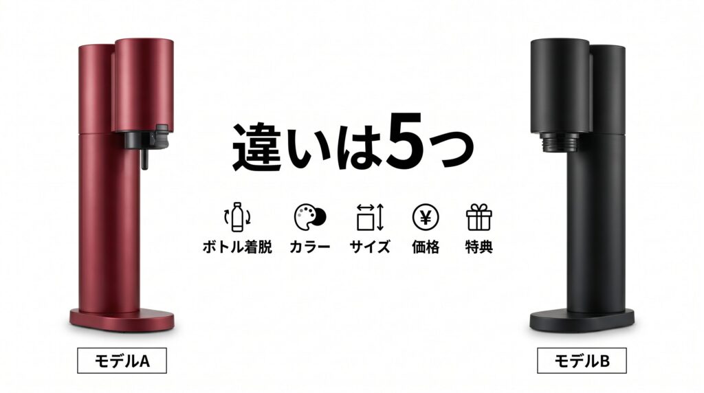 ソーダストリームテラとガイアの2台を左右に並べ、ボトル着脱方式・カラー展開・サイズ・価格・付属特典の5つの違いをアイコン付きで示した製品比較インフォグラフィック