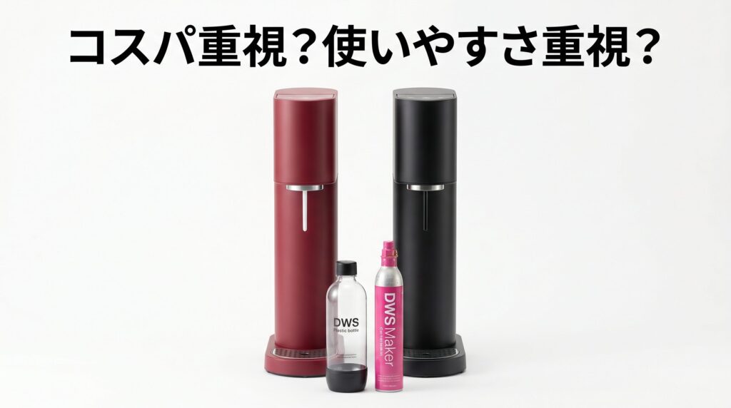 ソーダストリームテラとガイアの違いまとめとして、2台の本体・ボトル・ガスシリンダーをまとめて配置し、選び方の判断軸を示した総括用インフォグラフィック