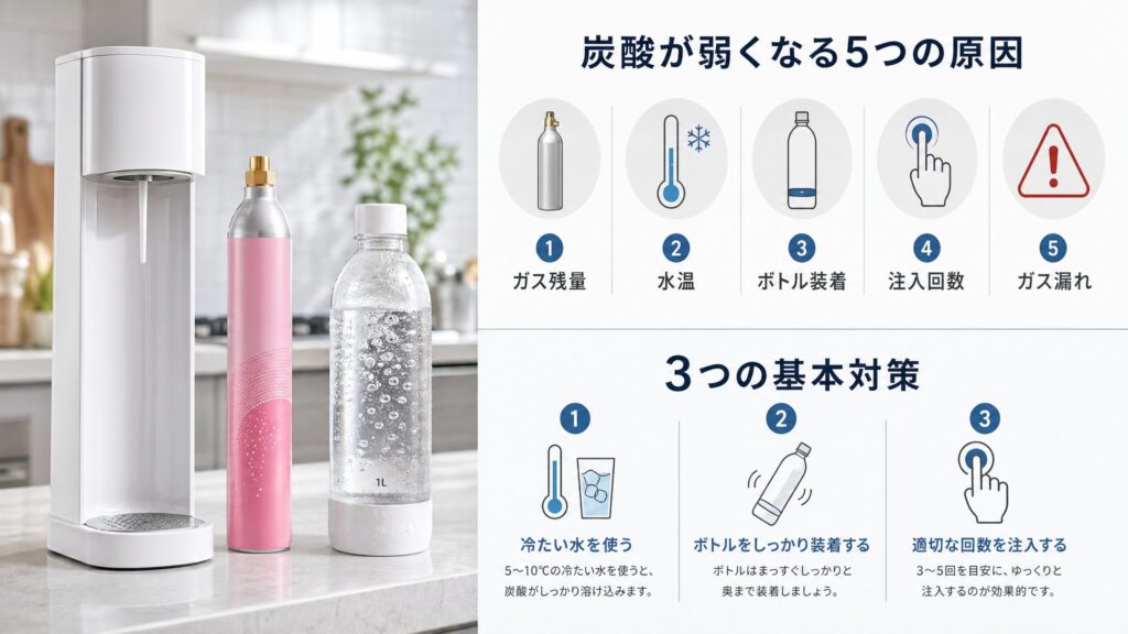 ソーダストリームの炭酸が弱くなる原因と対処法のまとめを示すインフォグラフィック。炭酸水メーカー本体とガスシリンダー、炭酸水ボトルと、5つの原因（ガス残量・水温・ボトル装着・注入回数・ガス漏れ）と3つの対策（冷水・正しい装着・回数調整）をアイコンで整理したフォトリアリスティックな画像
