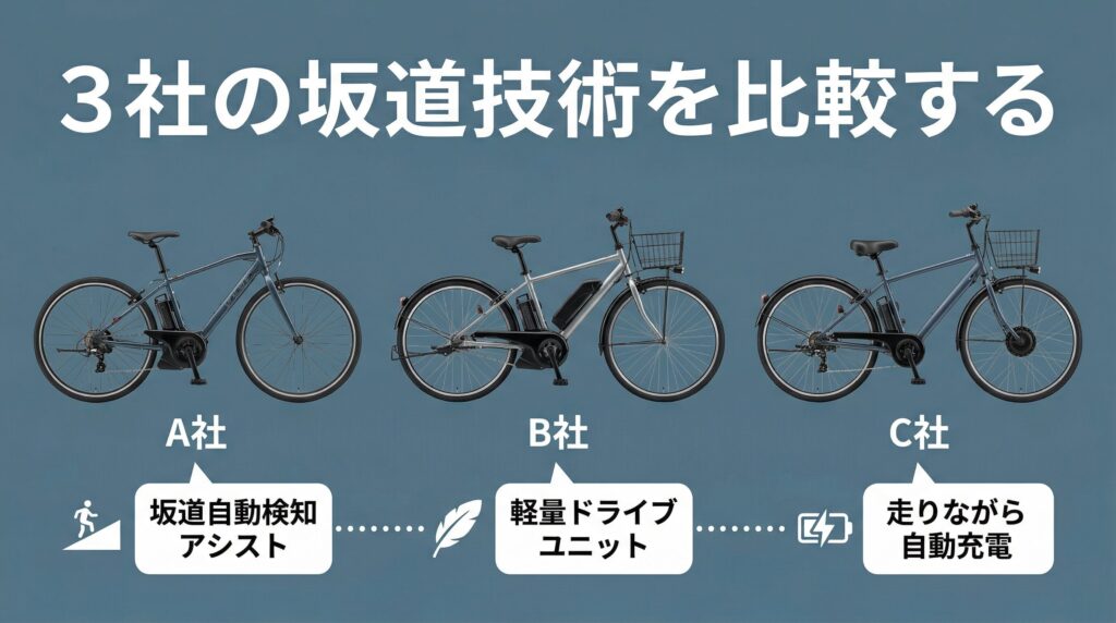 大手メーカー3社の坂道に強い電動自転車の特長比較インフォグラフィック。A社の坂道自動検知アシスト、B社の軽量ドライブユニット、C社の走りながら自動充電の3つの独自技術を製品画像とアイコンで視覚的に対比
