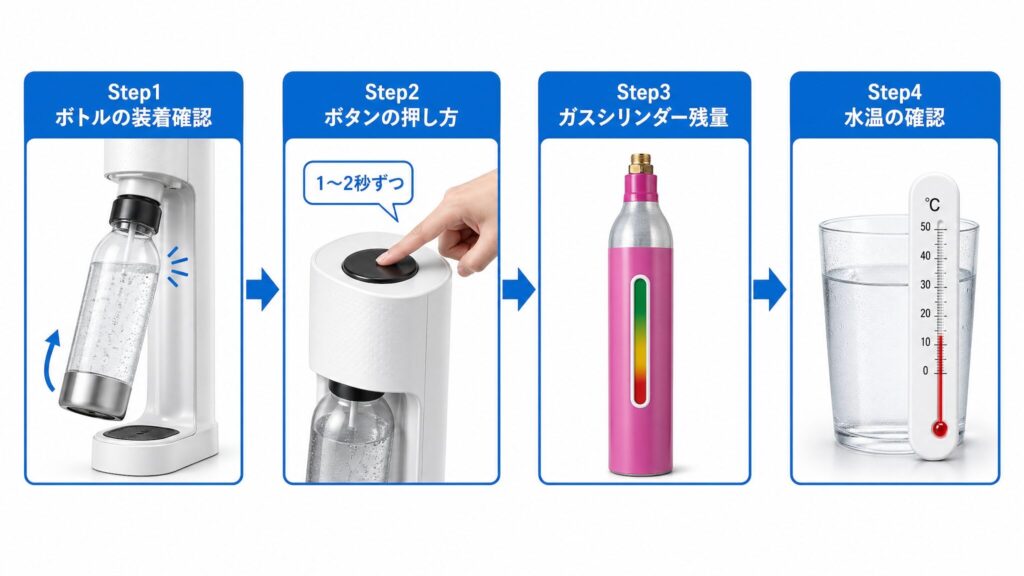 ソーダストリーム本体の故障と間違えやすいケースの見分け方を示したステップフロー図。ボトル装着、ボタンの押し方、ガスシリンダー残量、水温の4ステップを順番に確認する手順を視覚化